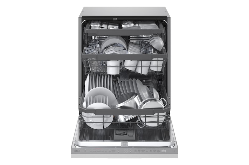 Foto frontale lavastoviglie DB375TXSW aperta con stoviglie